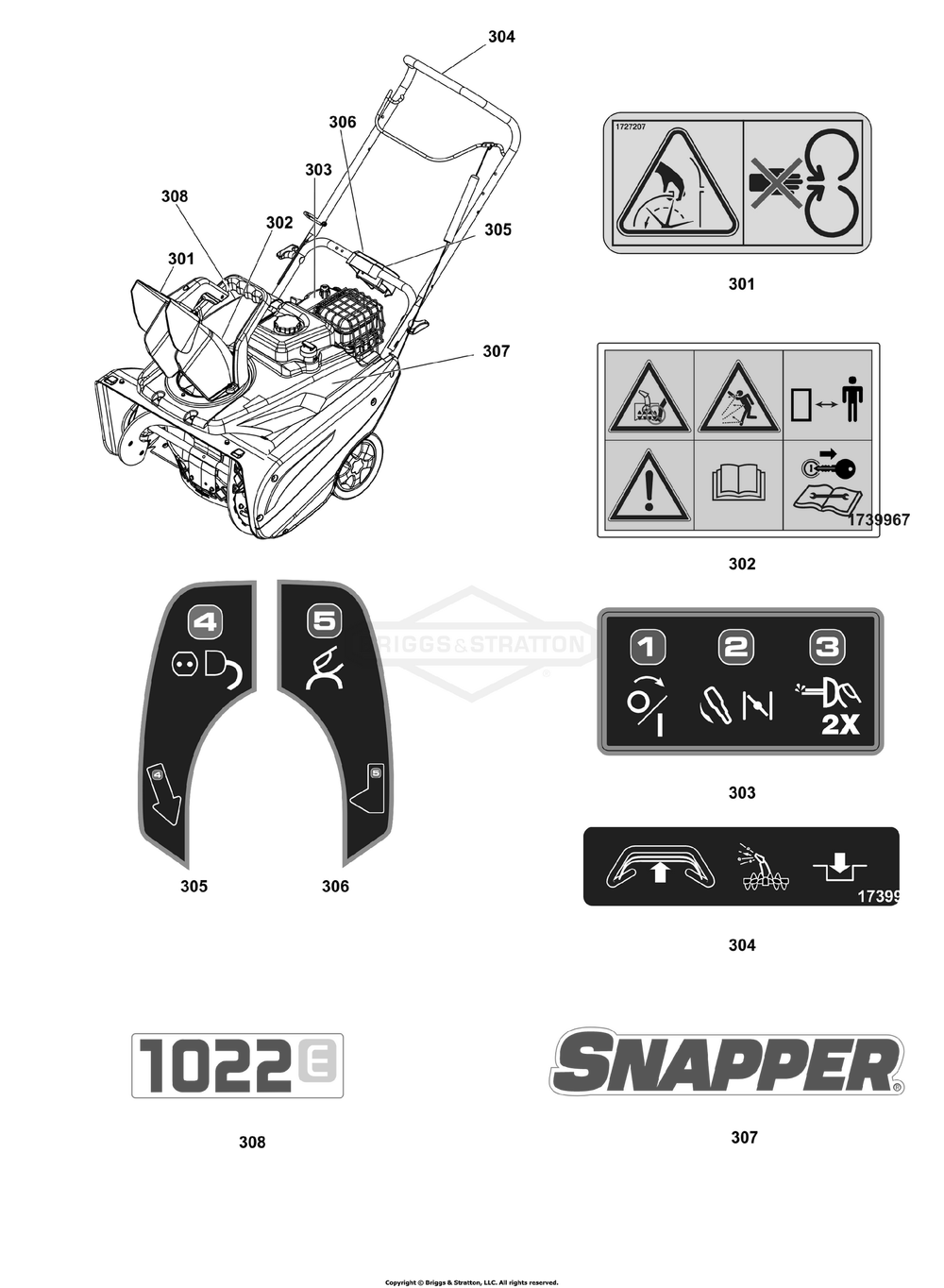 Decals Group Diagram and Parts List for 1696851-02  Briggs and Stratton Snow Blower